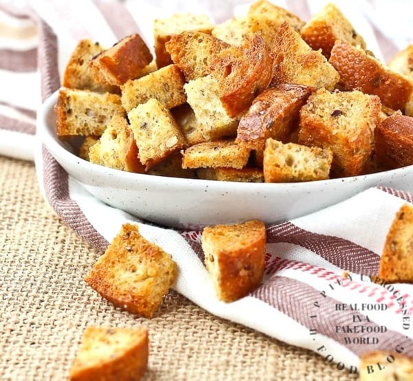 bowl of freshly made whole wheat croutons