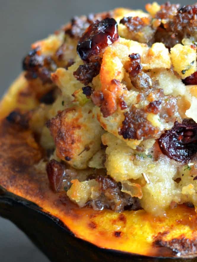 acorn squash with apple, cranberry and sausage stuffing