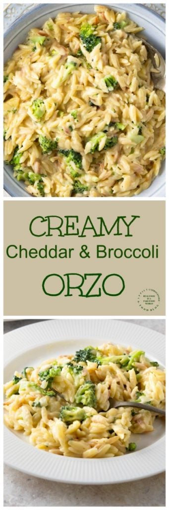CREAMY CHEDDAR & BROCCOLI ORZO - one of the easiest 15 min side dishes you'll make #orzo #pasta #sidedish #healthysides #cleaneating #happilyunprocessed