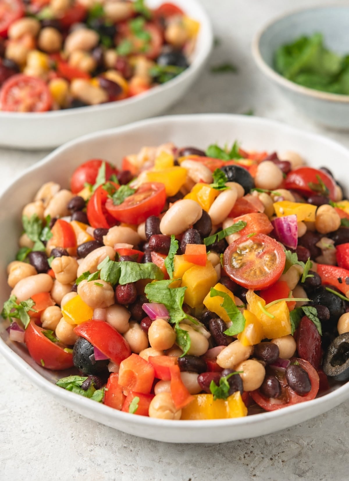 Summer four bean salad with black beans, kidney beans, cannellini beans, chickpeas, tomatoes, peppers, olives, red onion, and fresh herbs.