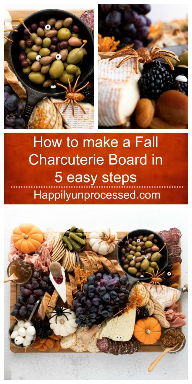 Fall Charcuterie board filled with meats, cheeses, nuts, pickles and spooky Halloween fillers