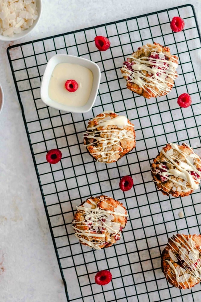 Low carb keto raspberry muffins made with almond and coconut flours