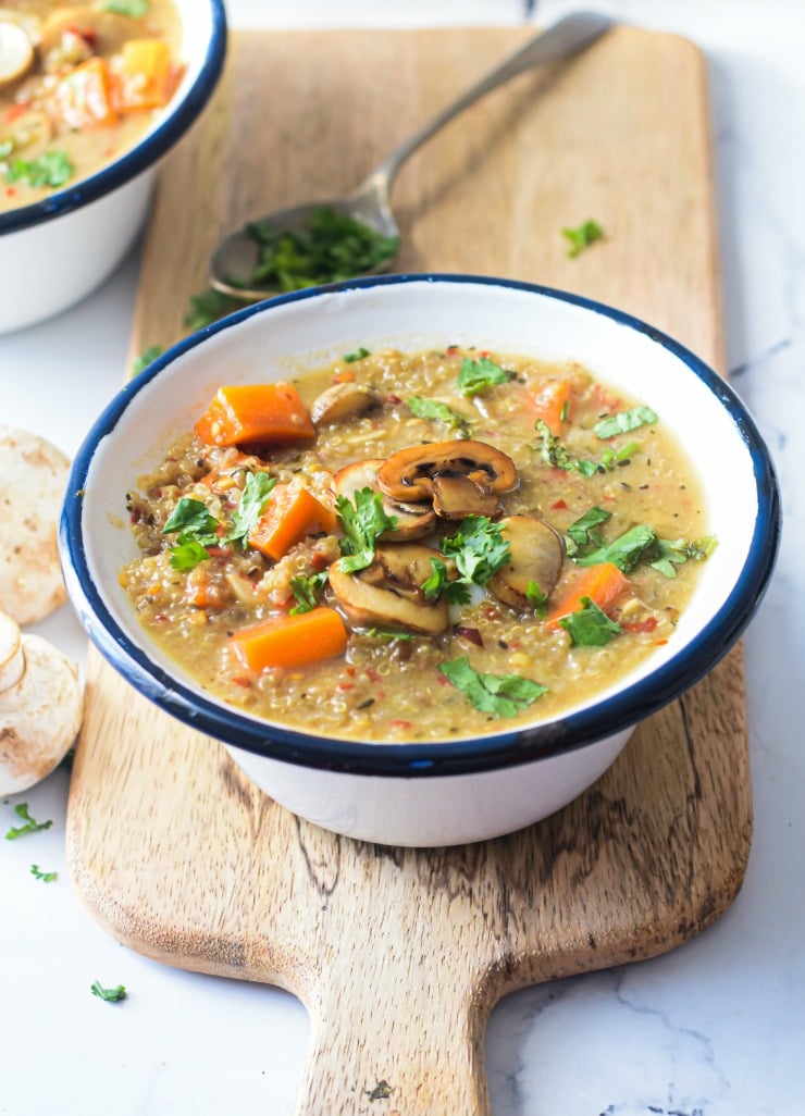 Mushroom Coconut Quinoa Soup is a healthy gluten free, dairy free, vegan soup packed with nutrition #happilyunprocessed