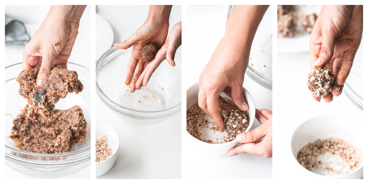 Healthy Plant based almond energy balls made from chopped dates, almonds, coconut and salt