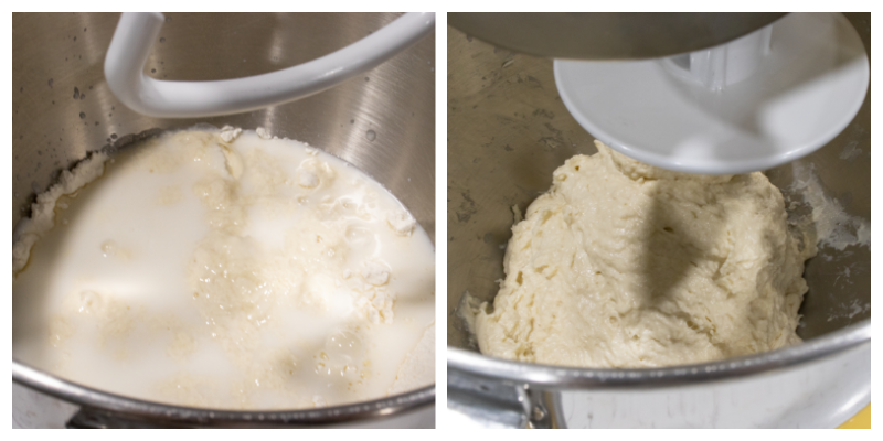 In a mixing bowl of a stand mixer, combine flour, yeast, salt (Photo 04). Use a dough hook on medium-low speed, slowly add sponge mixture to the flour and mix everything together. The dough will start to form and almost pull away from the sides after 4-5 minutes (Photo 08, 09, 10). Increase the speed to medium and continue to knead until the dough is completely smooth and there is no dry ingredients left. Note: the dough is supposed to be very sticky (Photo 11).