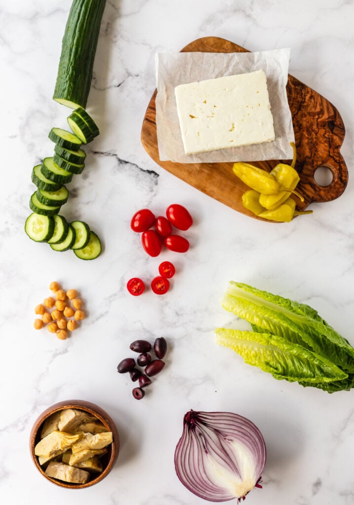 Ingredients needed to make a Chopped Greek Salad