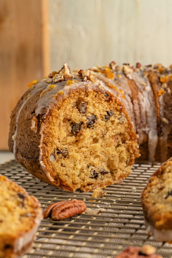 A simple to make orange pecan Bundt cake with glazed icing
