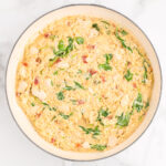 One Skillet Parmesan Orzo with Chicken, Spinach and Sun dried Tomatoes