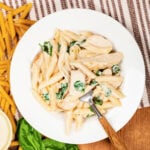 Easy One Skillet Chicken Alfredo with Penne Pasta & Spinach One skillet chicken alfredo with penne pasta and baby spinach