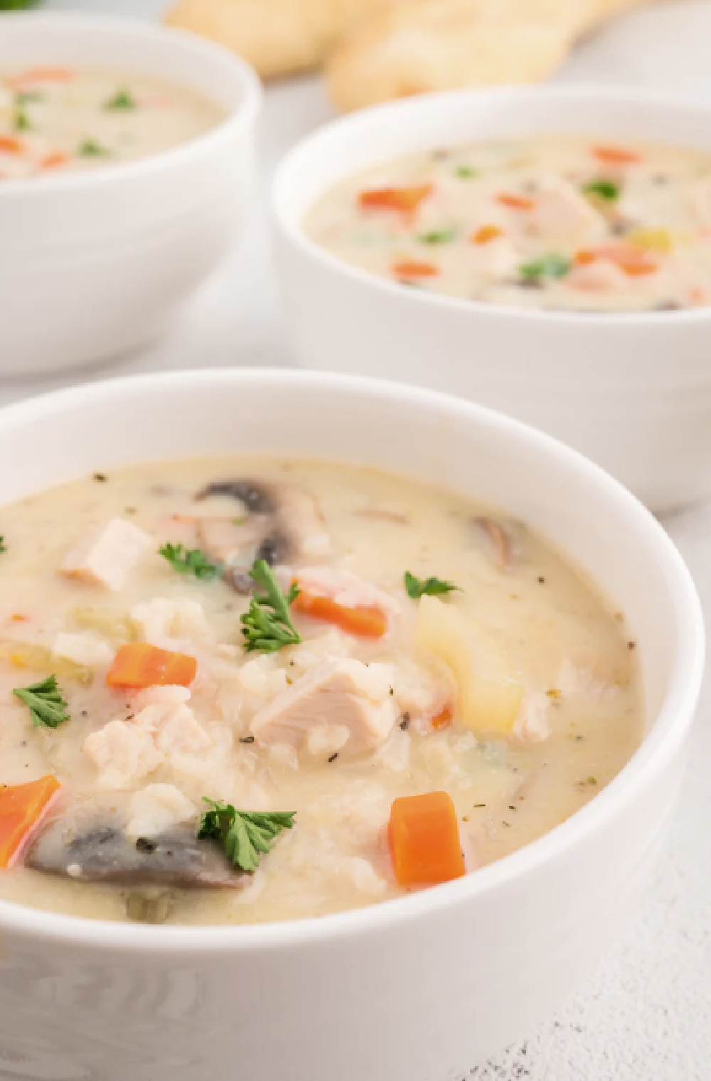 A big bowl of homemade creamy turkey and rice soup using leftover turkey from
Thanksgiving