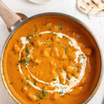 One Pan Buttery Chicken Makhani homemade chicken makhani (butter chicken) sauce in a pan with cream